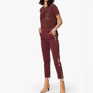 MOTHER The Shaker Metallic-Stripe Cropped Frayed Merlot Sporty Luxe Style Pants